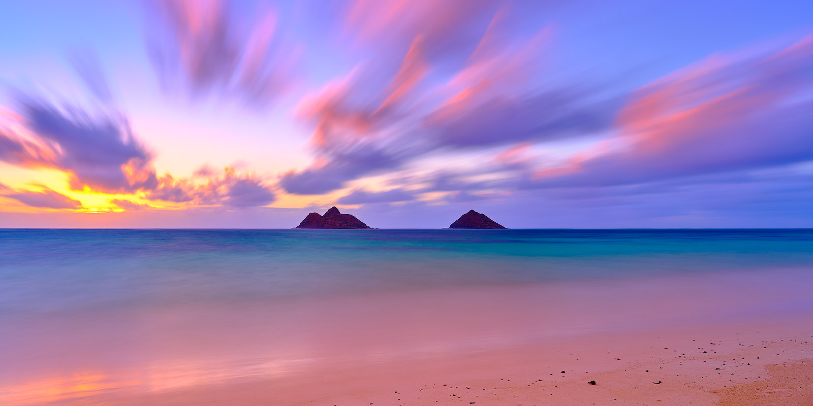 a long exposure artistic photograph of the beautiful Lanikai Beach near Kailua on the island of Oahu, Hawaii.  Fine art Hawaii Photography by Andrew Shoemaker