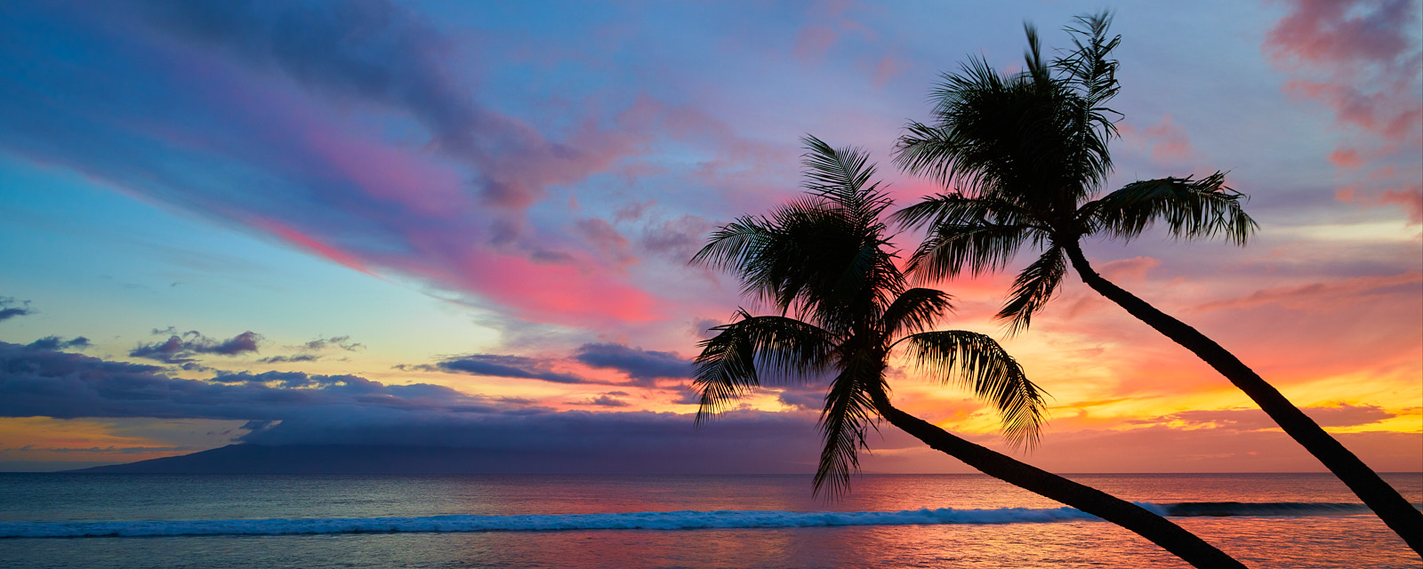 Lover's Paradise panoramic sunset photograph featuring two palms on Kaanapali Beach on the island of Maui, Hawaii.