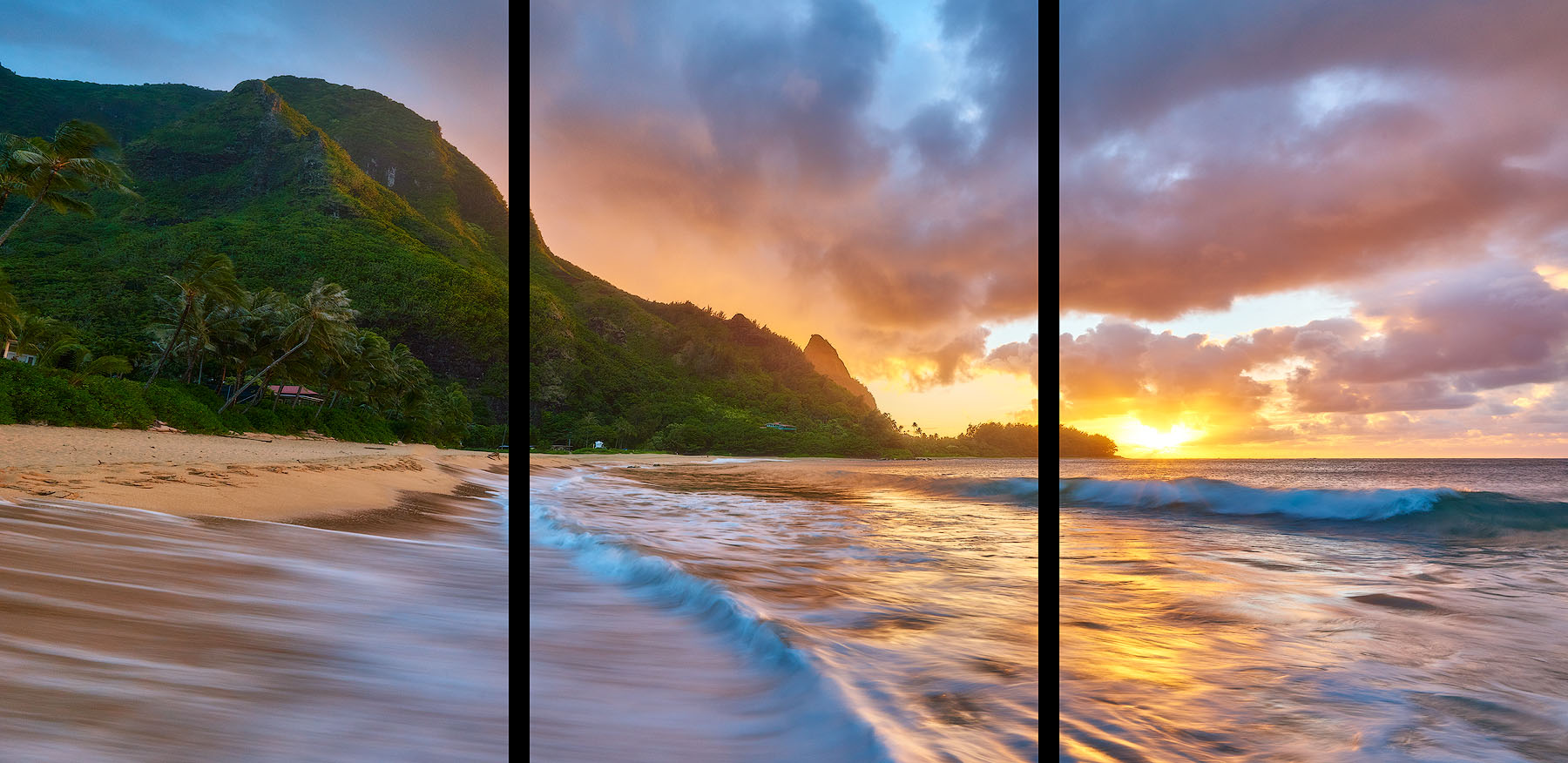 Makua's Mana Triptych sunset at Makua Beach also known as Tunnel's Beach on the island of Kauai with a wave crashing on the beach in the foreground