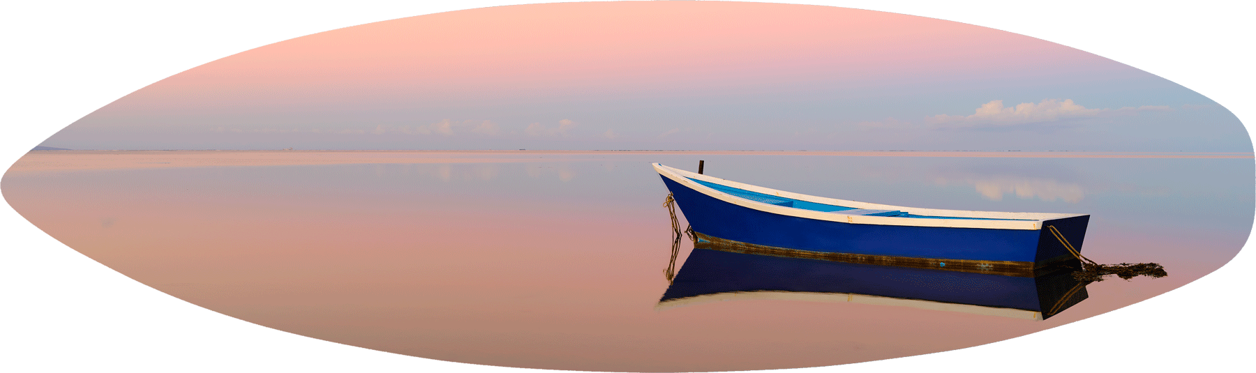 Pacific Dream Surfboard a lone boat reflecting in the mirror like pacific ocean at sunrise on the Hawaiian island of Molokai. Panoramic photograph by Andrew Shoemaker