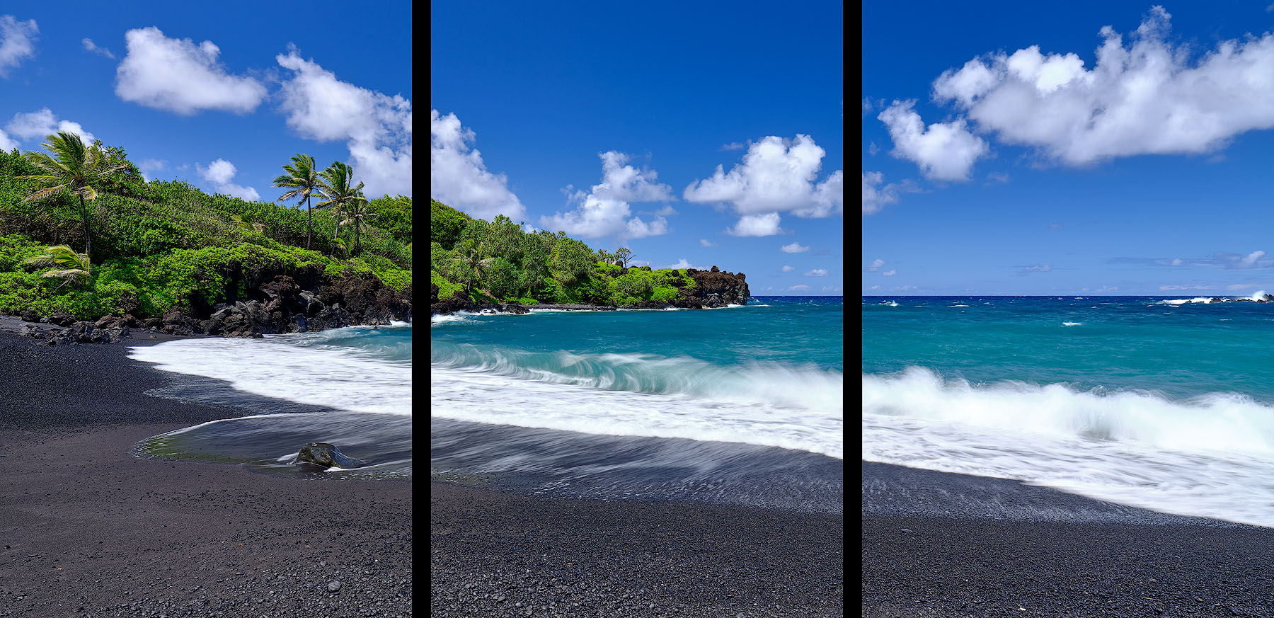 Resonate Triptych panoramic daytime view of the black sand beach at Waianapanapa State Park near Hana on the island of Maui with an incoming wave