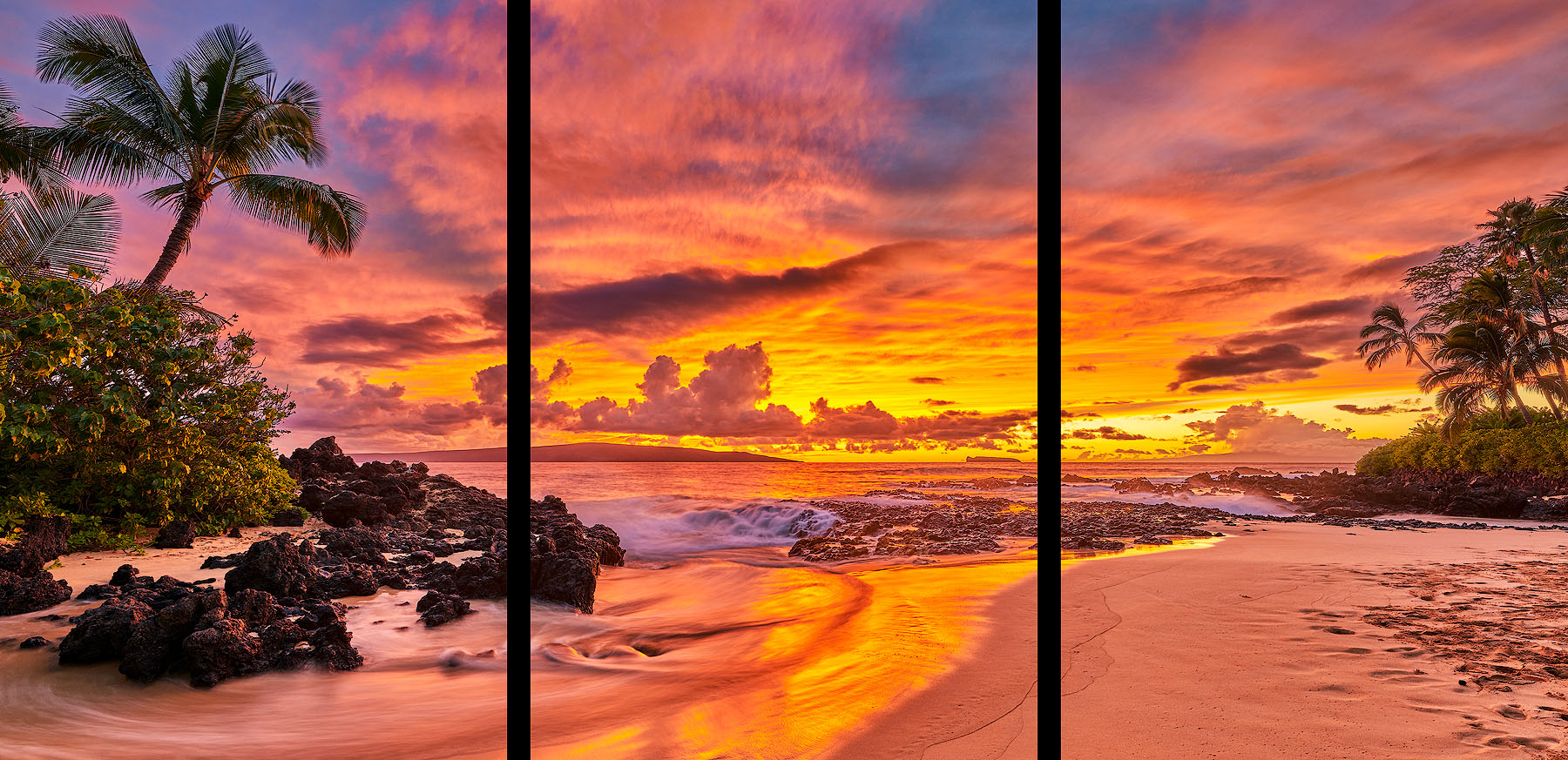 a panoramic view of a vibrant orange, red, and blue sunset at Secret Beach in Makena Maui