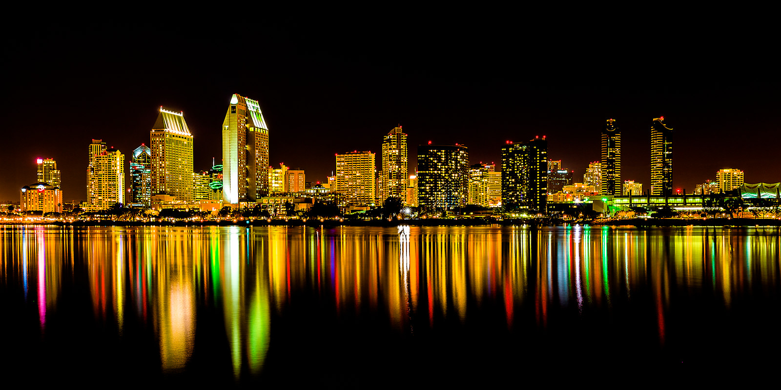 San Diego Spectrum colorful long exposure photograph at night of downtown San Diego, California