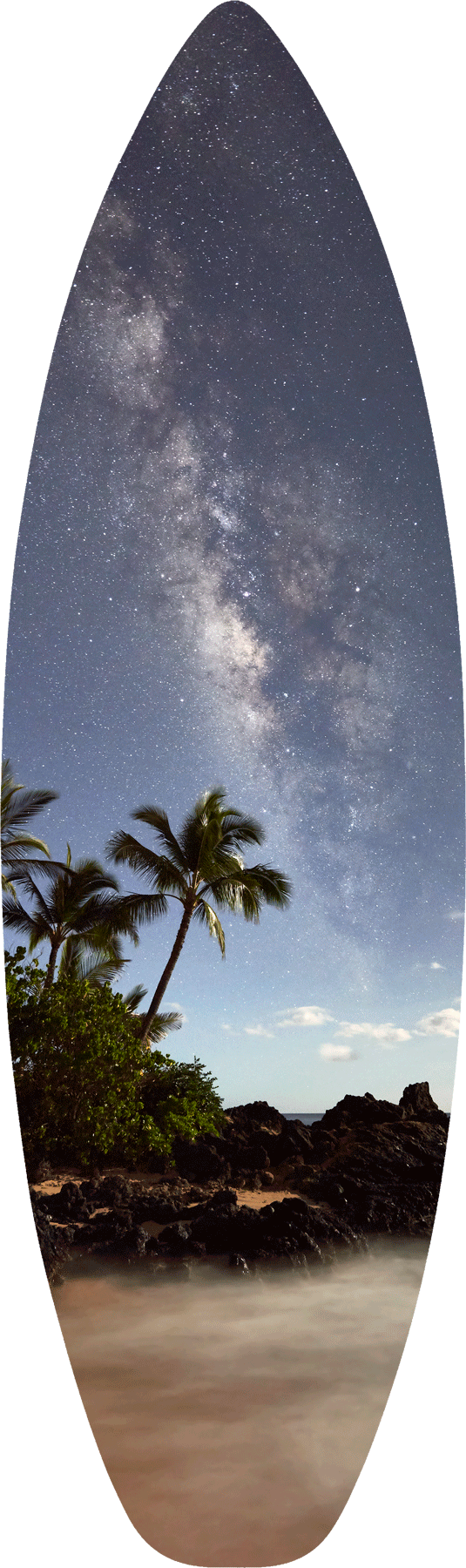 a night time photograph featuring the milky way galaxy rising over palm trees at secret beach on the hawaiian island of Maui.  Photo by Andrew Shoemaker