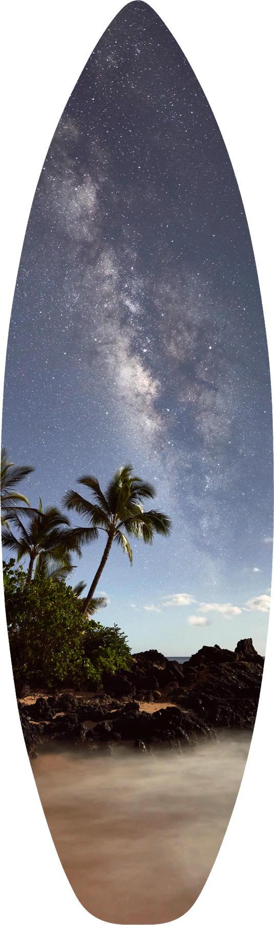 Secret Cosmos Surfboard a night time photograph featuring the milky way galaxy rising over palm trees at secret beach on the hawaiian island of Maui. Photo by Andrew Shoemaker