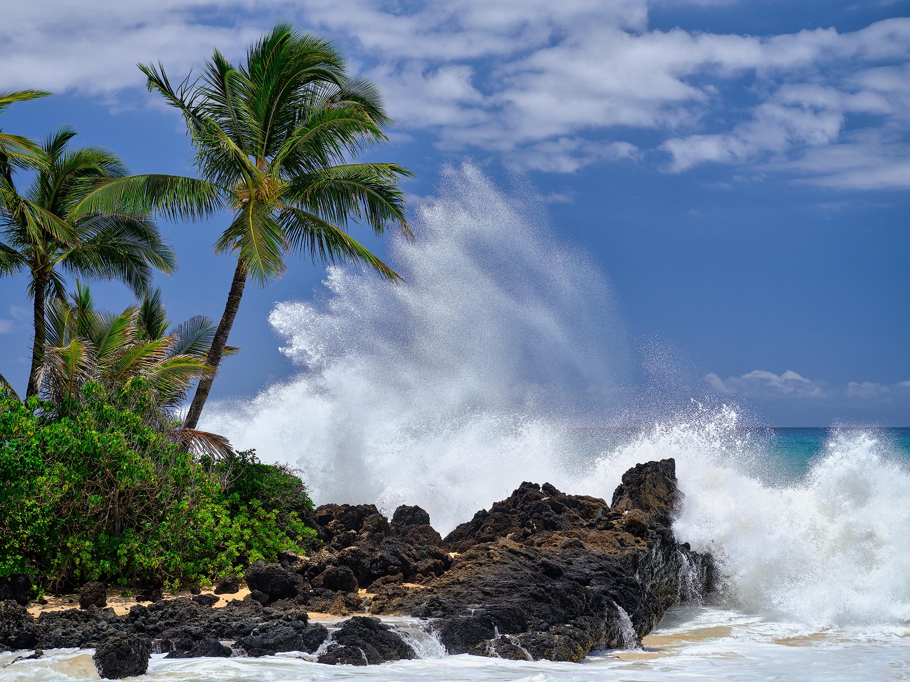 A huge incoming wave at Secret Beach (Makena Cove) impacting the coastline during a large swell in Makena, Maui.  Photography by artist Andrew Shoemaker